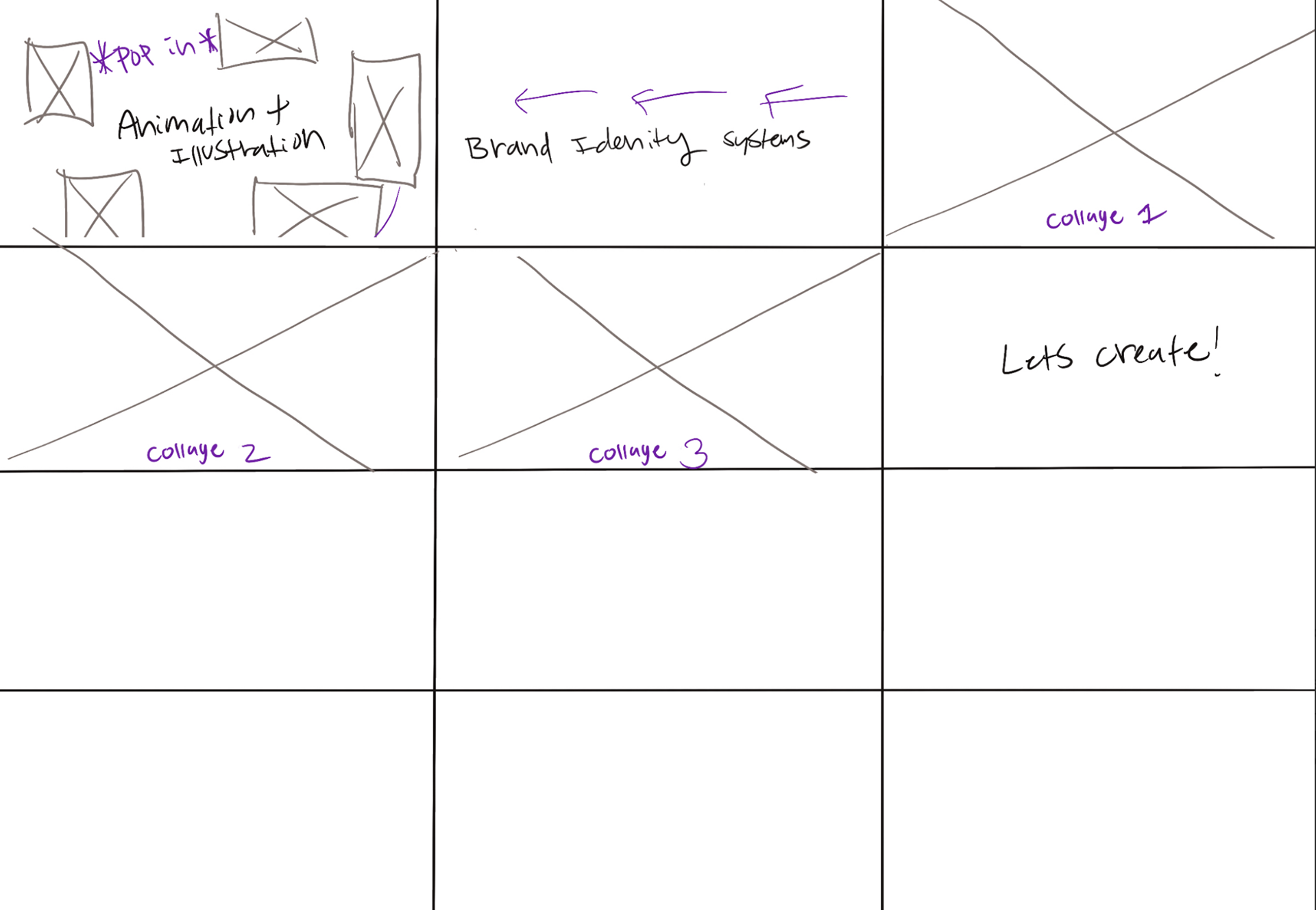Initial Storyboard: Planned out the flow, transitions, and key scenes for my design showreel. While this storyboard provided a clear starting point, a few elements shifted during the animation process in After Effects as timing and pacing were refined.